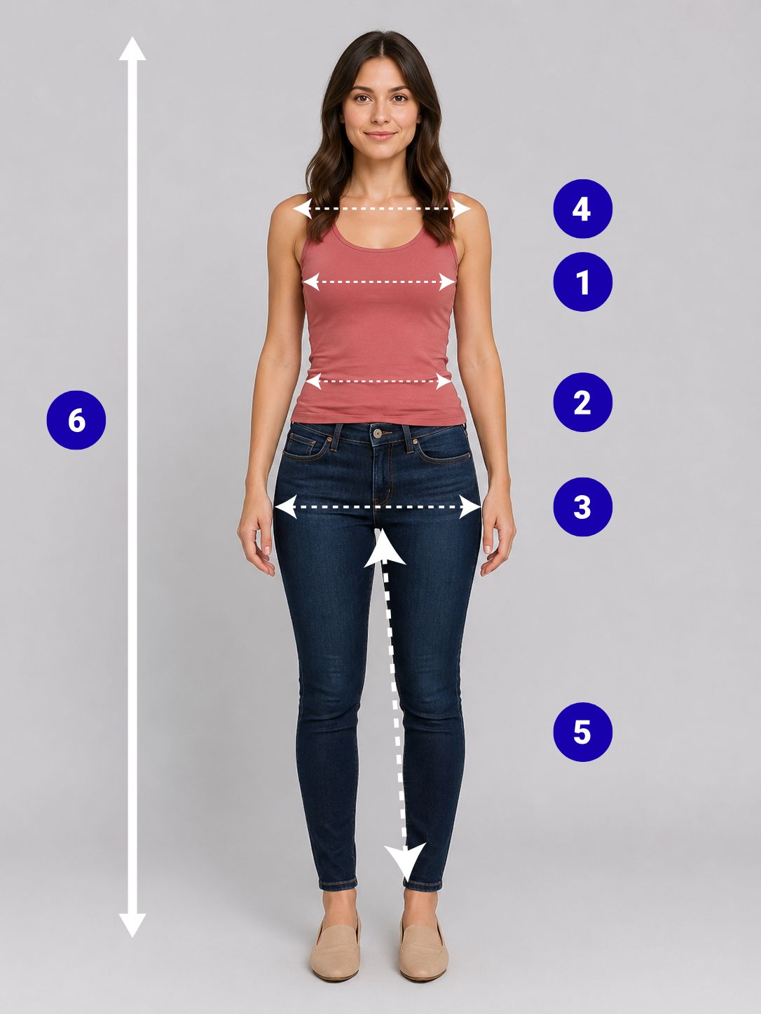 Measurement guide with chest waist hip shoulder height and inseam labels
